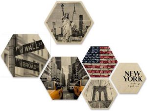 Wall-Art Meerdelige artprint New York collage stad houten decoratie (set 6 stuks)