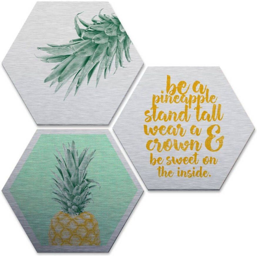 Wall-Art Meerdelige artprint Zilvereffect ananas quote (set 3-delig)