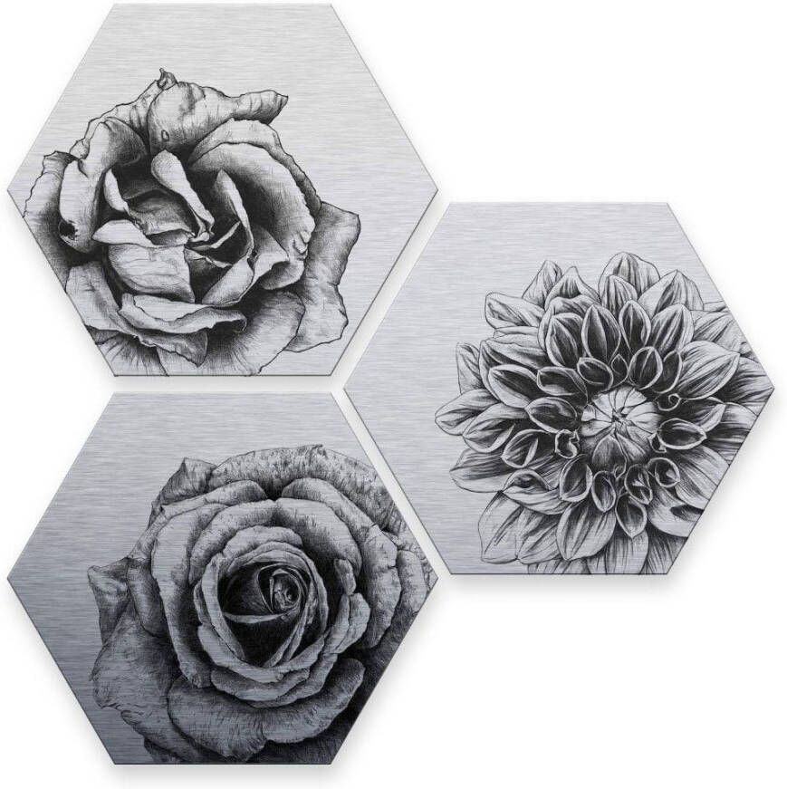 Wall-Art Meerdelige artprint Zilvereffect bloemen set (set 3-delig)