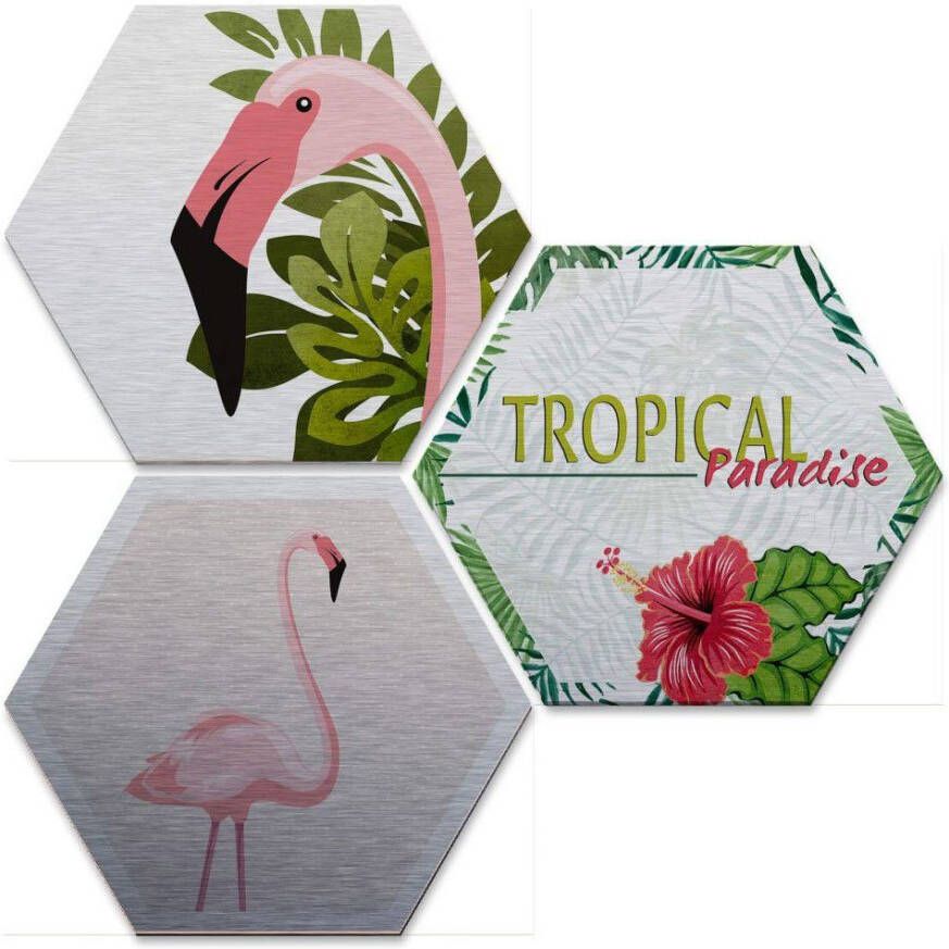 Wall-Art Meerdelige artprint Zilvereffect flamingo set (set 3-delig)