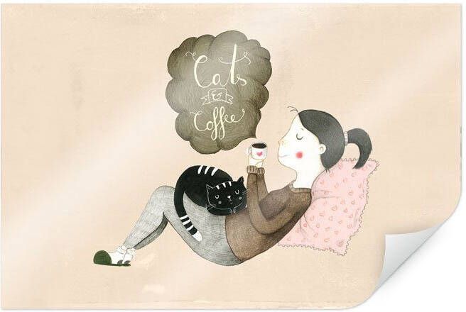 Wall-Art Poster Loske kat en koffie liefde (1 stuk)