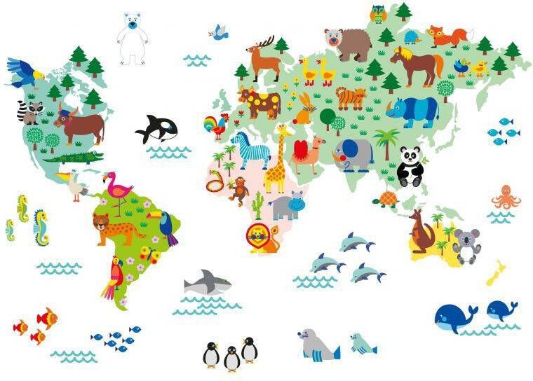 Wall-Art Wandfolie Kinderen dier wereld wereldkaart kleurrijk (1 stuk)