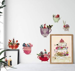 Wall-Art Wandfolie Veelkleurige bloemen fee kopjes (1 stuk)
