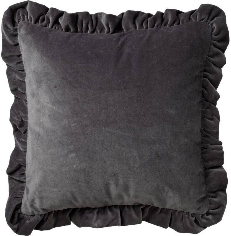 Dutch Decor Yara Kussenhoes 100% Katoen 45x45 Cm Velvet Charcoal Grey Antraciet Ruches Rondom
