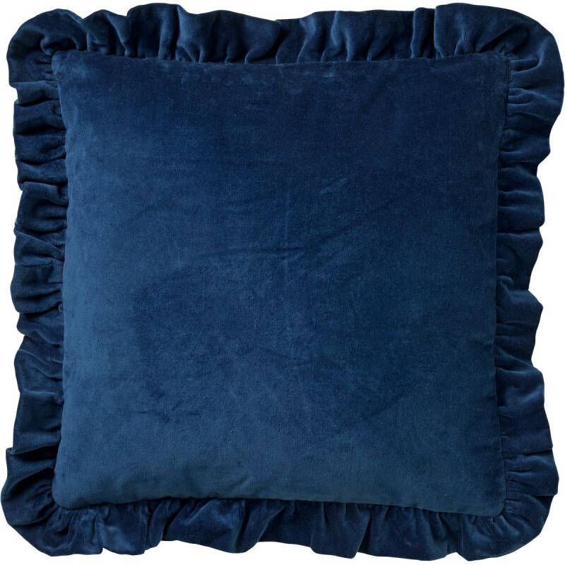 Dutch Decor YARA Kussenhoes 45x45 cm 100% katoen velvet met ruches Insignia Blue donkerblauw