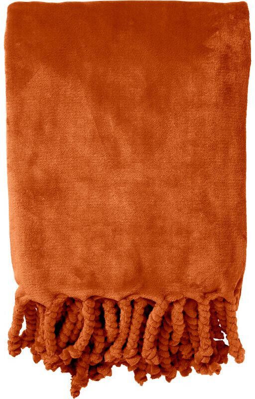 Dutch Decor FLORIJN Plaid 150 x200 cm grote fleece plaid met flosjes Potters Clay oranje terra