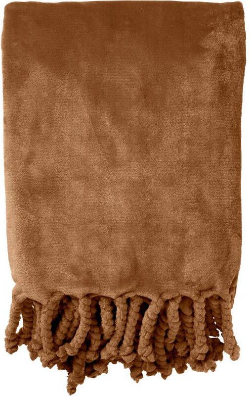 Dutch Decor FLORIJN Plaid 150 x200 cm grote fleece plaid met flosjes Tobacco Brown bruin