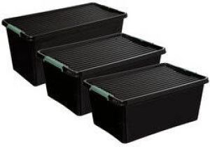 5five Opbergbakken opbergboxen met deksel 60L 75L 80L zwart kunststof set van 3x Opbergbox