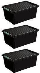 5five Opslagbox met deksel kunststof 60 liter 58 x 39 x 35 cm zwart 3x stuks Opbergbox