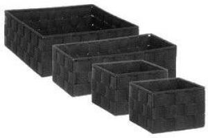 5five Set van 4x gevlochten opbergmanden vierkant zwart Kast badkamer mandjes verschillende formaten Opbergmanden