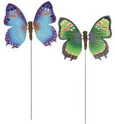 Anna's Collection Set van 2x stuks metalen vlinders groen en blauw 15 x 60 cm op steker Tuindecoratie vlinders Tuinbeelden