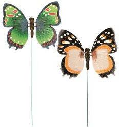 Anna's Collection Set van 2x stuks metalen vlinders groen en oranje 15 x 60 cm op steker Tuindecoratie vlinders Tuinbeelden