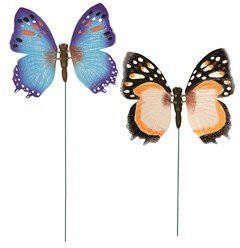 Anna's Collection Set van 2x stuks metalen vlinders oranje en blauw 15 x 60 cm op steker Tuindecoratie vlinders Tuinbeelden