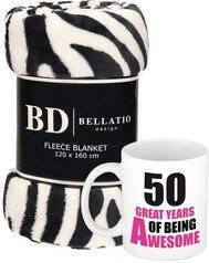 Bellatio Design Cadeau verjaardag 50 jaar Sarah vrouw Fleece plaid deken zebra print met 50 great years awesome mok Plaids