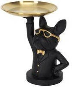 CASA DI ELTURO Beeld Bulldog Butler Zwart met Goudkleurige dienblad H23 cm