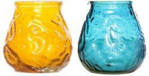 Cosy & Trendy Lowboy tafel kaarsen setje van 4x stuks 7 cm in blauw geel Buiten en binnen Waxinelichtjes
