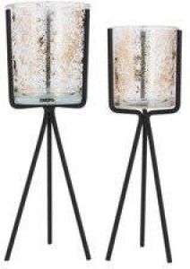 Cosy @ Home Set van 2x stuks glazen theelichthouder waxinelichthouder op metalen voet 23 26 cm Kaarsenhouder Waxinelichtjeshouders