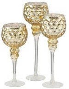 Deco by Boltze Luxe glazen design kaarsenhouders windlichten set van 3x stuks champagne goud transparant met formaat tussen de 30 en 40 cm Waxinelichtjeshouders