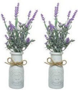 Decoris 2x stuks lichtpaarse Lavandula lavendel kunstplant 32 cm in witte pot Kunstplanten nepplanten Kunstplanten