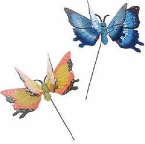 Decoris 2x stuks Metalen deco vlinders blauw en geel van 11 x 70 cm op tuinstekers Dieren decoratie tuin beeldjes beelden Tuinbeelden