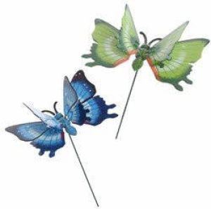 Decoris 2x stuks Metalen deco vlinders blauw en groen van 11 x 70 cm op tuinstekers Dieren decoratie tuin beeldjes beelden Tuinbeelden