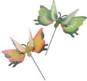 Decoris 2x stuks Metalen deco vlinders groen en geel van 11 x 70 cm op tuinstekers Dieren decoratie tuin beeldjes beelden Tuinbeelden