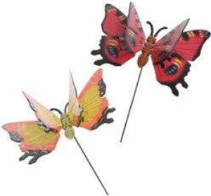 Decoris 2x stuks Metalen deco vlinders rood en geel van 11 x 70 cm op tuinstekers Dieren decoratie tuin beeldjes beelden Tuinbeelden