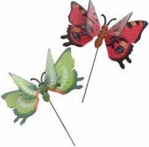 Decoris 2x stuks Metalen deco vlinders rood en groen van 11 x 70 cm op tuinstekers Dieren decoratie tuin beeldjes beelden Tuinbeelden