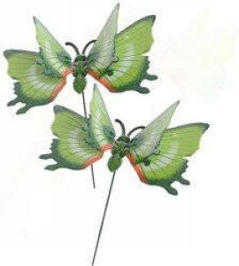 Decoris 2x stuks metalen vlinder groen 17 x 60 cm op steker Tuindecoratie vlinders Dierenbeelden Tuinbeelden
