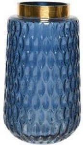 Decoris Bloemen vaas blauw transparant goud van glas 26 cm hoog diameter 15 cm Vazen