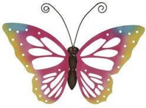 Decoris Grote roze deco vlinder muurvlinder van metaal 51 x 38 cm tuindecoratie Tuinvlinders muurvlinders Tuinbeelden