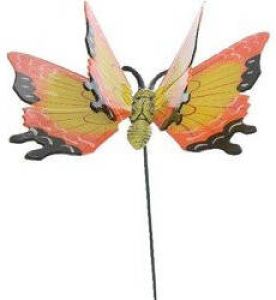 Decoris Metalen vlinder geel oranje 11 x 70 cm op steker Tuindecoratie vlinders Dierenbeelden Tuinbeelden