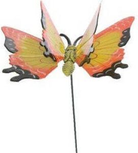 Decoris Metalen vlinder geel oranje 17 x 60 cm op steker Tuindecoratie vlinders Dierenbeelden Tuinbeelden