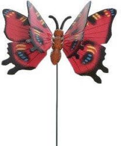 Decoris Metalen vlinder rood 11 x 70 cm op steker Tuindecoratie vlinders Dierenbeelden Tuinbeelden