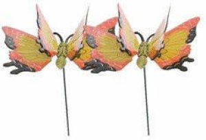 Decoris Set van 2 metalen vlinder geel oranje 17 x 60 cm op steker Tuindecoratie vlinders Dierenbeelden Tuinbeelden