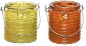 Decoris Set van 2x stuks citronella anti muggen kaarsen windlicht geel en oranje 20 branduren geurkaarsen