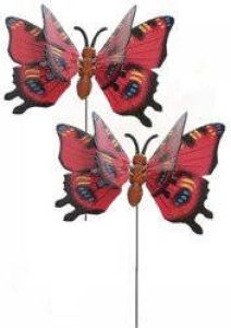 Decoris Set van 2x stuks metalen vlinder rood 11 x 70 cm op steker Tuindecoratie vlinders Dierenbeelden Tuinbeelden