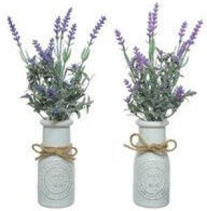 Decoris Set van 2x stuks paarse Lavendula lavendel kunstplantjes 32 cm in witte pot Kunstplanten