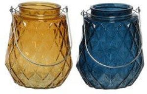 Decoris Set van 2x stuks theelichthouders waxinelichthouders ruitjes glas cognac oranje en donkerblauw met metalen handvat 11 x 13 cm Waxinelichtjeshouders