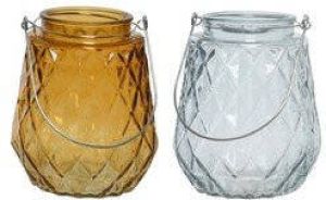 Decoris Set van 2x stuks theelichthouders waxinelichthouders ruitjes glas cognac oranje en ijsblauw met metalen handvat 11 x 13 cm Waxinelichtjeshouders