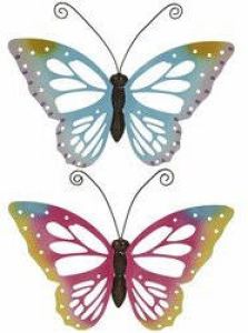 Decoris Set van 2x stuks tuindecoratie muur wand schutting vlinders van metaal in blauw en roze tinten 51 x 38 cm Tuinbeelden