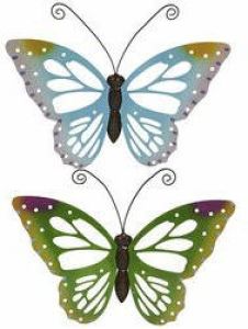 Decoris Set van 2x stuks tuindecoratie muur wand schutting vlinders van metaal in groen en blauw tinten 51 x 38 cm Tuinbeelden