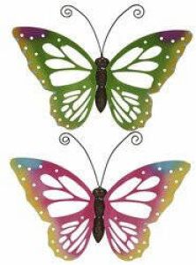 Decoris Set van 2x stuks tuindecoratie muur wand schutting vlinders van metaal in groen en roze tinten 51 x 38 cm Tuinbeelden