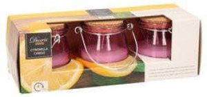 Decoris Set van 3x stuks anti muggen Citronella kaars in paars glazen potje Geurkaarsen citrus geur Anti-muggen kaarsen geurkaarsen