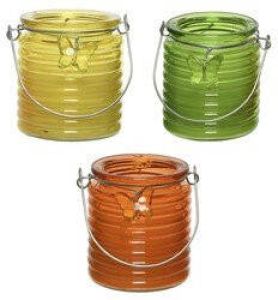 Decoris Set van 3x stuks citronella anti muggen kaarsen windlicht geel groen en oranje 20 branduren geurkaarsen