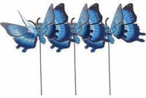 Decoris Set van 3x stuks metalen vlinder blauw 11 x 70 cm op steker Tuindecoratie vlinders Dierenbeelden Tuinbeelden