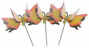Decoris Set van 3x stuks metalen vlinder geel oranje 11 x 70 cm op steker Tuindecoratie vlinders Dierenbeelden Tuinbeelden