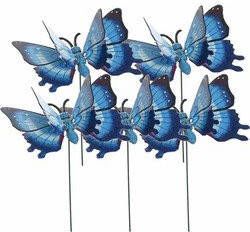 Decoris Set van 5x stuks metalen vlinder blauw 11 x 70 cm op steker Tuindecoratie vlinders Dierenbeelden Tuinbeelden