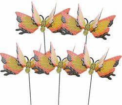 Decoris Set van 5x stuks metalen vlinder geel oranje 11 x 70 cm op steker Tuindecoratie vlinders Dierenbeelden Tuinbeelden