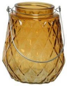 Decoris Theelichthouders waxinelichthouders Ruitjes Glas Cognac oranje Met Metalen Handvat 11 X 13 Cm Waxinelichtjeshouders